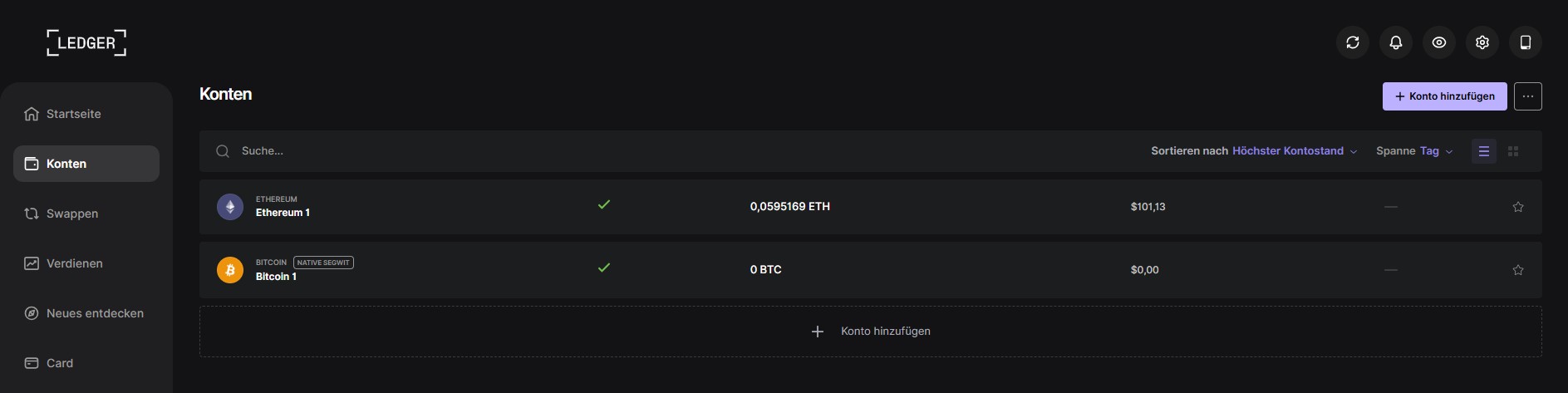 Ledger Live Kontenübersicht mit Ethereum- und Bitcoin-Konto sowie Schaltfläche zum Hinzufügen eines neuen Kontos