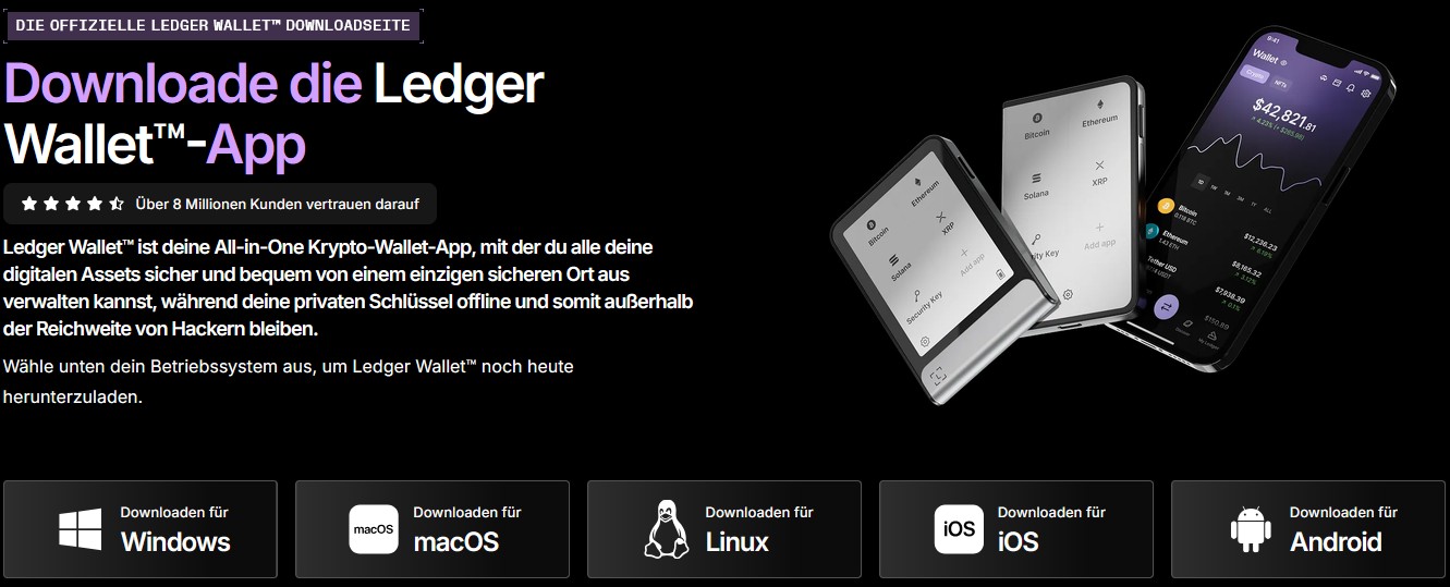 Ledger Live Downloadseite mit Versionen für Windows, macOS, Linux, iOS und Android