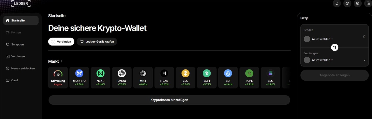 Startbildschirm von Ledger Live mit Portfolio, Marktübersicht und Wallet-Verwaltung