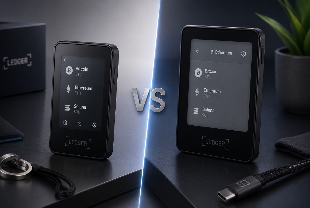 Vergleich zwischen dem Ledger Nano 5 und dem Ledger Flex mit beiden Hardware-Wallets im direkten Größen- und Designvergleich.