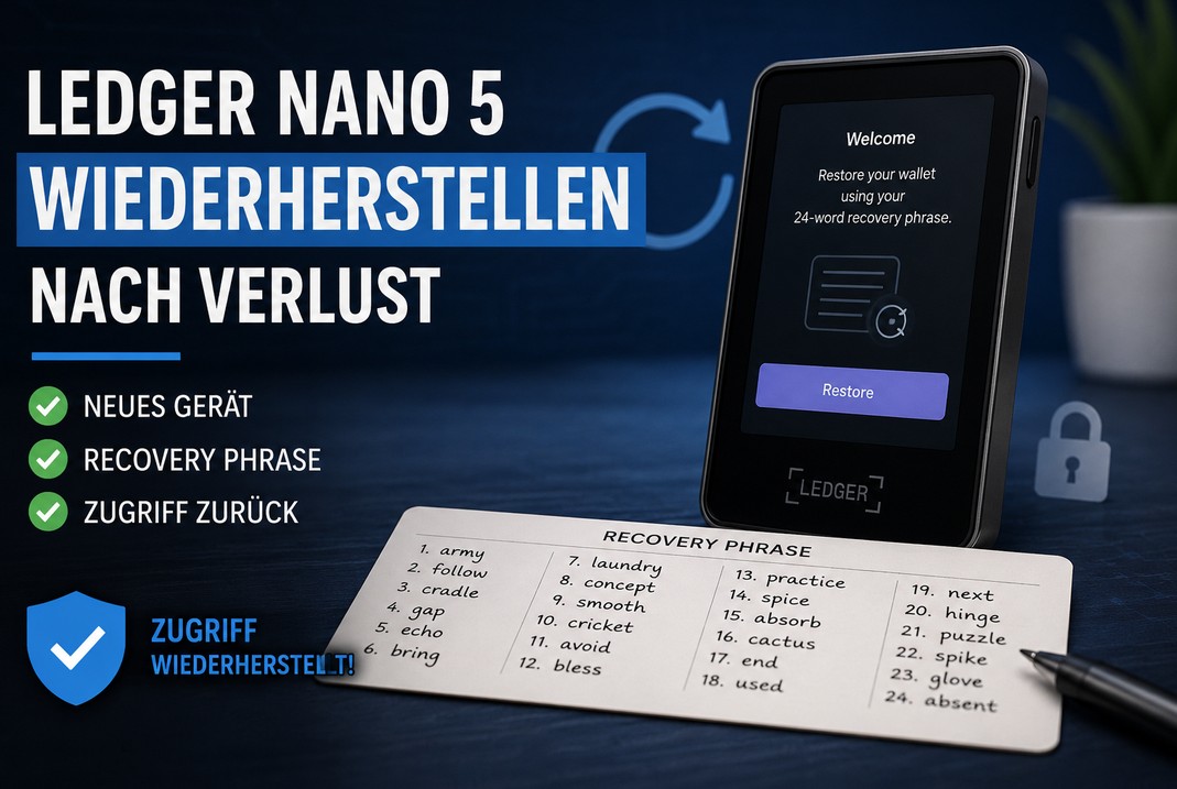 Ledger Nano 5 mit Recovery-Phrase zur Wiederherstellung eines Hardware-Wallets nach Verlust oder Defekt.