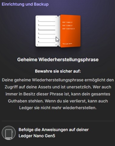 Ledger Nano 5 zeigt die Wiederherstellungsphrase während der Ersteinrichtung