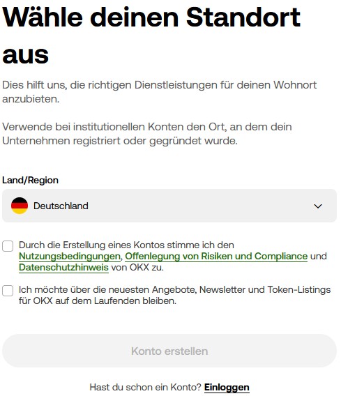 Registrierungsseite von OKX mit Länderauswahl für Deutschland und Zustimmung zu den Nutzungsbedingungen.