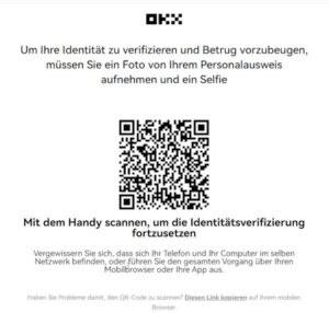 OKX-Seite zur Identitätsverifizierung mit QR-Code zum Fortsetzen des Verifizierungsprozesses auf einem Smartphone.