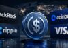 Open USD startet auf Ethereum und Solana mit BlackRock sowie Ripple als Partner Digitaler Dollar-Token zwischen den Logos von BlackRock, Ripple, Coinbase und Visa vor einem globalen Finanznetzwerk.