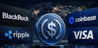 Digitaler Dollar-Token zwischen den Logos von BlackRock, Ripple, Coinbase und Visa vor einem globalen Finanznetzwerk.