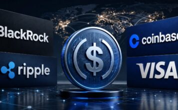 Digitaler Dollar-Token zwischen den Logos von BlackRock, Ripple, Coinbase und Visa vor einem globalen Finanznetzwerk.