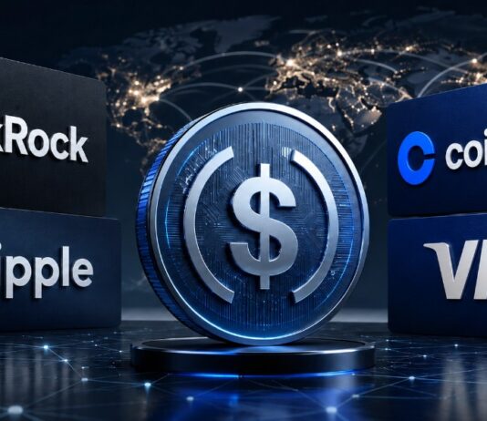 Digitaler Dollar-Token zwischen den Logos von BlackRock, Ripple, Coinbase und Visa vor einem globalen Finanznetzwerk.