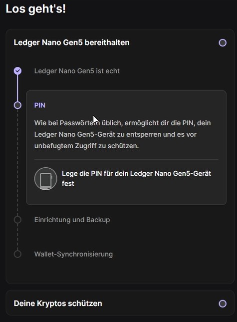 PIN-Einrichtung auf dem Ledger Nano 5 während der Ersteinrichtung