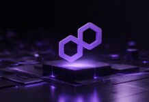 Polygon aktiviert Ithaca-Upgrade: Mainnet soll Netzwerkpausen endgültig verhindern Abstrakte 3D-Darstellung des Polygon-Netzwerks mit schwebendem Polygon-Symbol über einer futuristischen Blockchain-Infrastruktur in violettem Licht.
