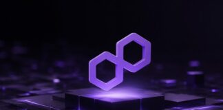 Polygon aktiviert Ithaca-Upgrade: Mainnet soll Netzwerkpausen endgültig verhindern Abstrakte 3D-Darstellung des Polygon-Netzwerks mit schwebendem Polygon-Symbol über einer futuristischen Blockchain-Infrastruktur in violettem Licht.