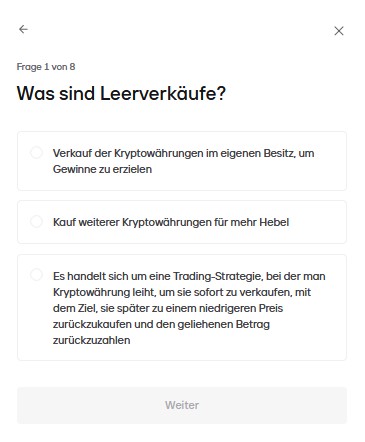 Bitvavo-Quiz zum Thema Leerverkäufe als Voraussetzung für den Zugang zum Margin- und Short-Handel.