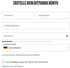 Bitpanda Registrierungsformular zur Kontoerstellung mit Eingabefeldern für Name, E-Mail, Passwort und Wohnsitzland