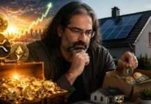 David Schwartz blickt nachdenklich auf Kryptowährungen und ein Haus mit Solaranlage – Symbolbild für bereute frühe Verkäufe von XRP, Bitcoin und Ethereum.