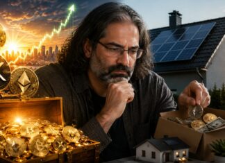 David Schwartz blickt nachdenklich auf Kryptowährungen und ein Haus mit Solaranlage – Symbolbild für bereute frühe Verkäufe von XRP, Bitcoin und Ethereum.