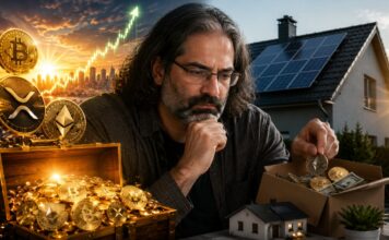 Ripple-CTO: „Bereue XRP- und Bitcoin-Verkauf im Jahr 2012“ David Schwartz blickt nachdenklich auf Kryptowährungen und ein Haus mit Solaranlage – Symbolbild für bereute frühe Verkäufe von XRP, Bitcoin und Ethereum.