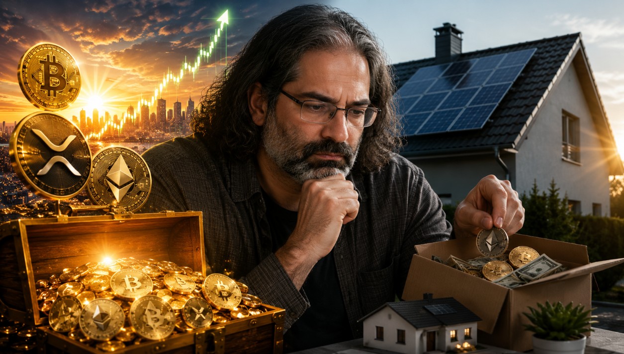 David Schwartz blickt nachdenklich auf Kryptowährungen und ein Haus mit Solaranlage – Symbolbild für bereute frühe Verkäufe von XRP, Bitcoin und Ethereum.