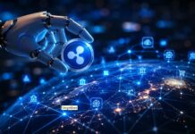 Roboterhand hält eine XRP-Münze über einem digital vernetzten Globus mit Symbolen für KI, Cloud und Zahlungsdienste.
