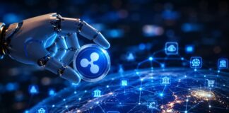 Roboterhand hält eine XRP-Münze über einem digital vernetzten Globus mit Symbolen für KI, Cloud und Zahlungsdienste.