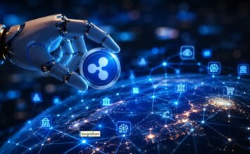 Roboterhand hält eine XRP-Münze über einem digital vernetzten Globus mit Symbolen für KI, Cloud und Zahlungsdienste.