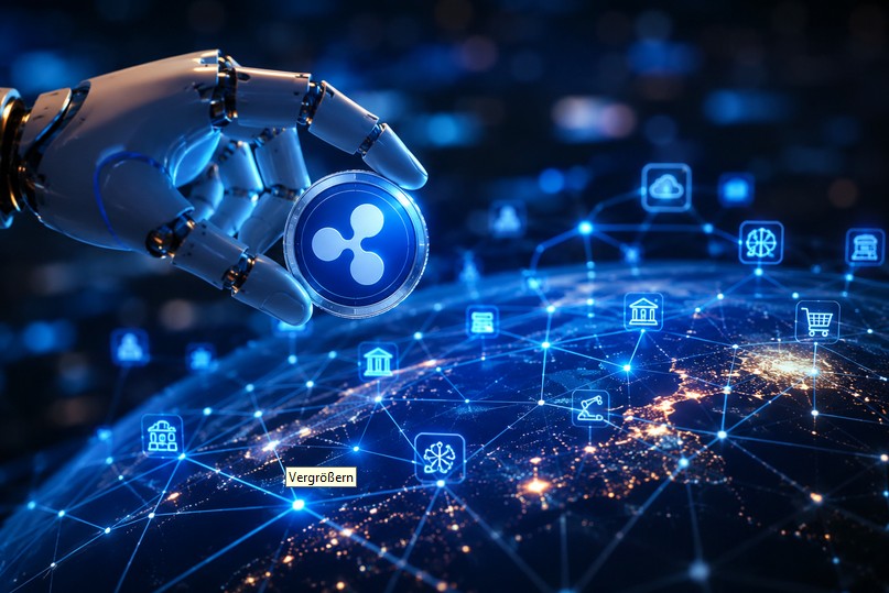 Roboterhand hält eine XRP-Münze über einem digital vernetzten Globus mit Symbolen für KI, Cloud und Zahlungsdienste.