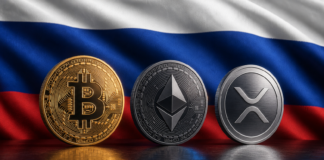 Bitcoin in Russland: Neues Gesetz erlaubt Handel unter strengen Auflagen Bitcoin-, Ethereum- und XRP-Coins vor der russischen Flagge