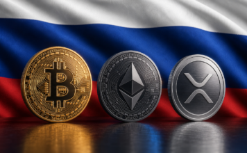 Bitcoin in Russland: Neues Gesetz erlaubt Handel unter strengen Auflagen Bitcoin-, Ethereum- und XRP-Coins vor der russischen Flagge