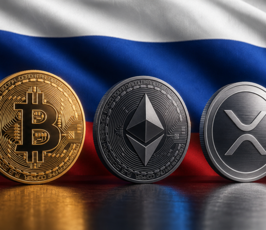 Bitcoin-, Ethereum- und XRP-Coins vor der russischen Flagge