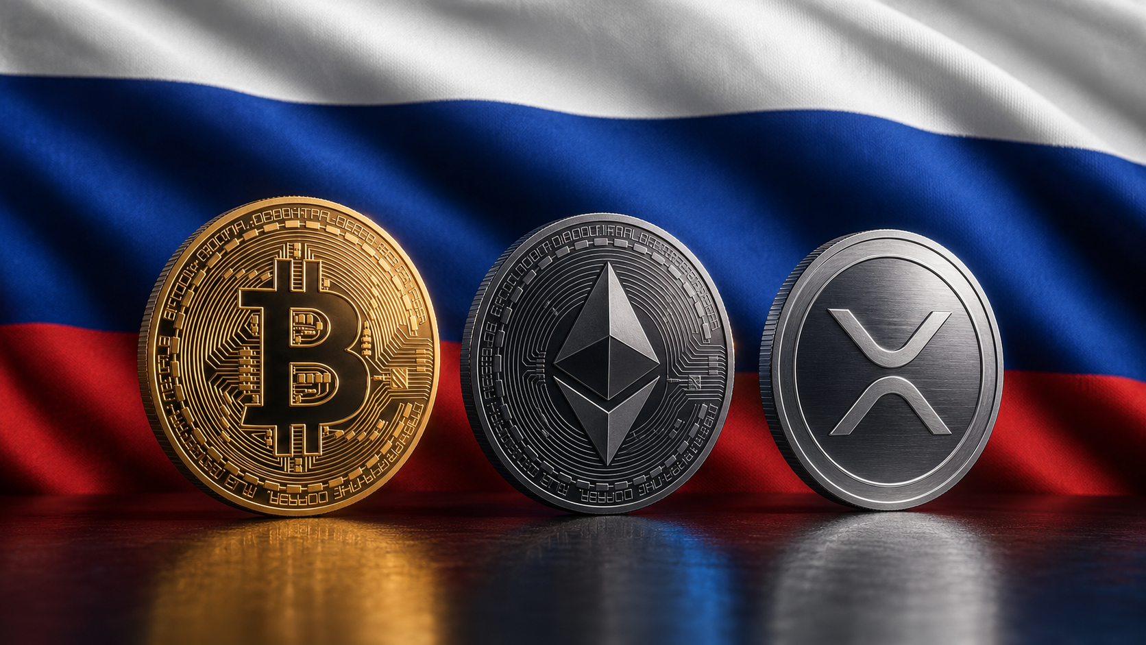 Bitcoin-, Ethereum- und XRP-Coins vor der russischen Flagge
