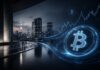 Leuchtendes Bitcoin-Logo vor der nächtlichen Skyline Tokios mit digitalen Kurscharts