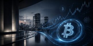Leuchtendes Bitcoin-Logo vor der nächtlichen Skyline Tokios mit digitalen Kurscharts
