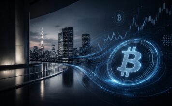 Leuchtendes Bitcoin-Logo vor der nächtlichen Skyline Tokios mit digitalen Kurscharts