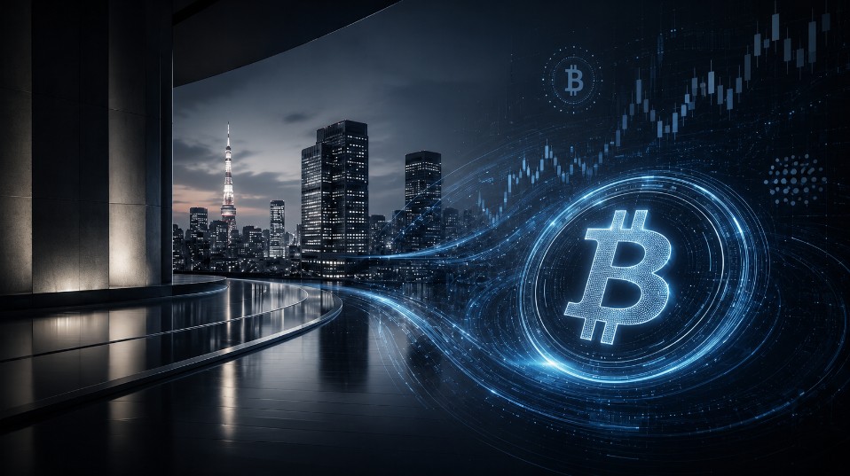 Leuchtendes Bitcoin-Logo vor der nächtlichen Skyline Tokios mit digitalen Kurscharts