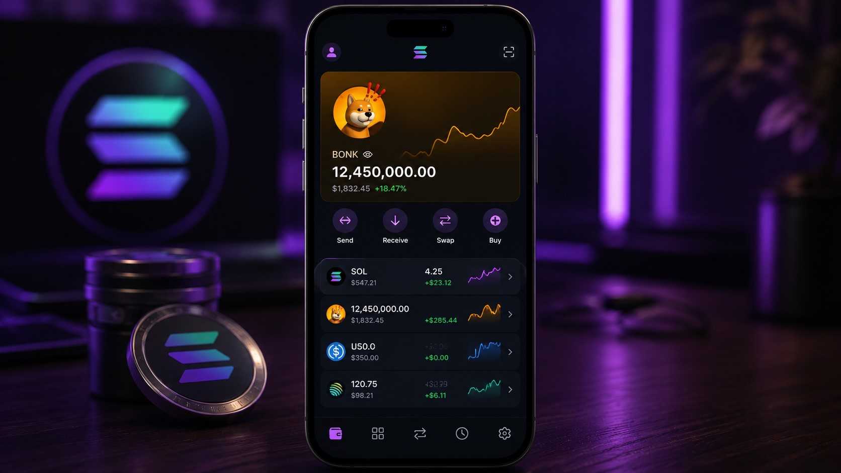 Saga Wallet Smartphone App mit BONK und Solana Portfolio