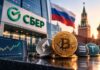 Sberbank-Gebäude in Moskau mit Bitcoin, Ethereum und weiteren Kryptowährungen im Vordergrund.