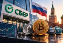 Sberbank-Gebäude in Moskau mit Bitcoin, Ethereum und weiteren Kryptowährungen im Vordergrund.