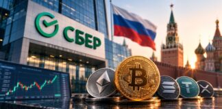 Bericht: Russlands größte Bank startet Bitcoin- und Kryptohandel Sberbank-Gebäude in Moskau mit Bitcoin, Ethereum und weiteren Kryptowährungen im Vordergrund.
