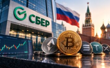 Bericht: Russlands größte Bank startet Bitcoin- und Kryptohandel Sberbank-Gebäude in Moskau mit Bitcoin, Ethereum und weiteren Kryptowährungen im Vordergrund.