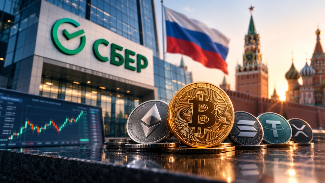 Sberbank-Gebäude in Moskau mit Bitcoin, Ethereum und weiteren Kryptowährungen im Vordergrund.