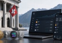 Schweizer Kantonalbank startet Handel mit Bitcoin, Ethereum, Solana und Litecoin Schweizer Bank integriert Kryptowährungen in ihr E-Banking – Laptop und Smartphone mit digitaler Banking-Oberfläche vor einer Bankfassade sowie Bitcoin, Ethereum, Solana und Litecoin im Vordergrund.