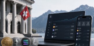 Schweizer Bank integriert Kryptowährungen in ihr E-Banking – Laptop und Smartphone mit digitaler Banking-Oberfläche vor einer Bankfassade sowie Bitcoin, Ethereum, Solana und Litecoin im Vordergrund.