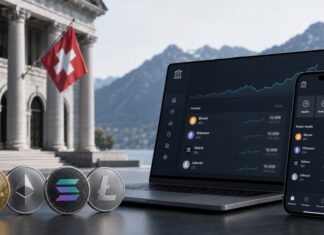 Schweizer Bank integriert Kryptowährungen in ihr E-Banking – Laptop und Smartphone mit digitaler Banking-Oberfläche vor einer Bankfassade sowie Bitcoin, Ethereum, Solana und Litecoin im Vordergrund.