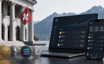 Schweizer Kantonalbank startet Handel mit Bitcoin, Ethereum, Solana und Litecoin Schweizer Bank integriert Kryptowährungen in ihr E-Banking – Laptop und Smartphone mit digitaler Banking-Oberfläche vor einer Bankfassade sowie Bitcoin, Ethereum, Solana und Litecoin im Vordergrund.