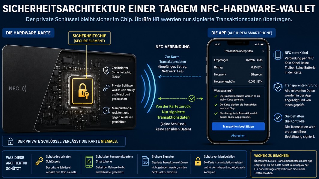 Infografik zur Sicherheitsarchitektur einer Tangem NFC-Hardware-Wallet mit Sicherheitschip, privatem Schlüssel und Smartphone-Verbindung