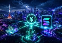 Alt-Tag: Futuristische Skyline von Tokio mit Yen-Symbol, Solana-Logo und globalem Blockchain-Netzwerk