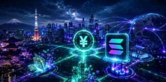Alt-Tag: Futuristische Skyline von Tokio mit Yen-Symbol, Solana-Logo und globalem Blockchain-Netzwerk