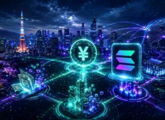 Japan: SBI kooperiert mit Solana um traditionelle Finanzmärkte auf die Blockchain zu bringen Alt-Tag: Futuristische Skyline von Tokio mit Yen-Symbol, Solana-Logo und globalem Blockchain-Netzwerk