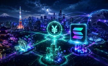 Alt-Tag: Futuristische Skyline von Tokio mit Yen-Symbol, Solana-Logo und globalem Blockchain-Netzwerk