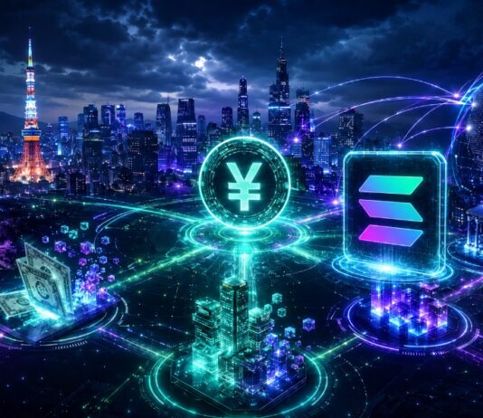 Alt-Tag: Futuristische Skyline von Tokio mit Yen-Symbol, Solana-Logo und globalem Blockchain-Netzwerk
