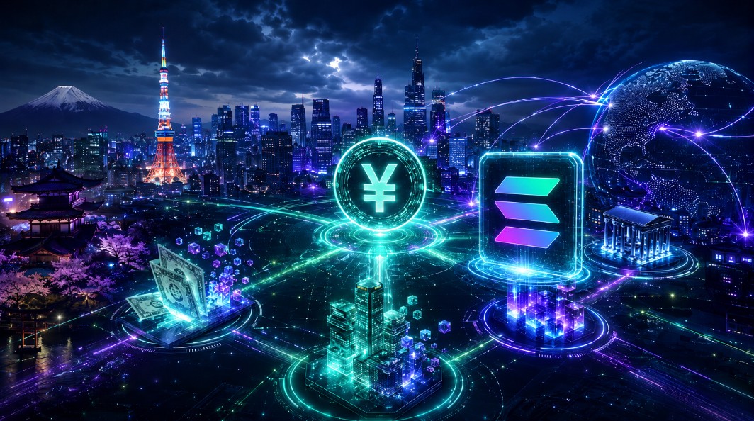 Alt-Tag: Futuristische Skyline von Tokio mit Yen-Symbol, Solana-Logo und globalem Blockchain-Netzwerk